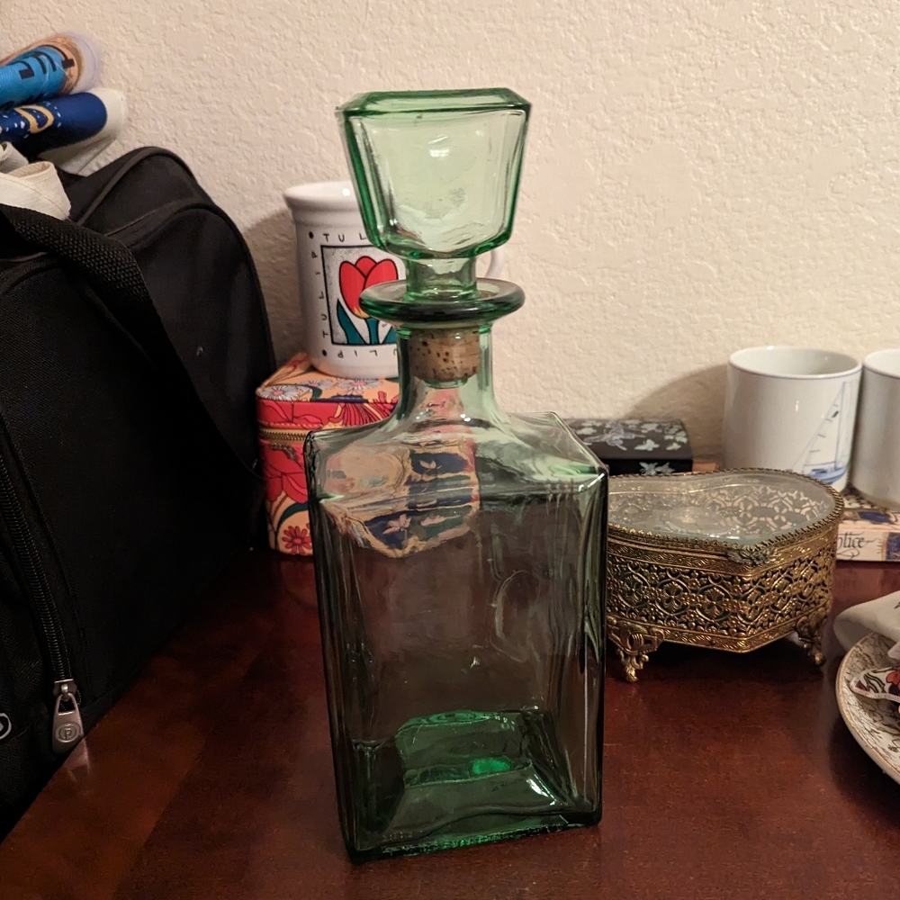 Vintage Green Glass Decanter Bottle with Cork Stopper